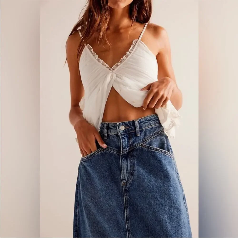 We The Free Come As You Are Denim Maxi Skirt Dark Indigo Wash